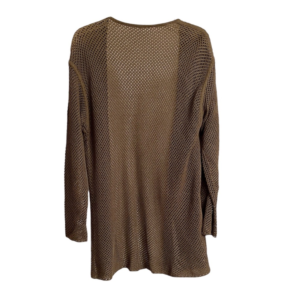 Open Knit Open Front Olive Green Long Cardigan Sweater - Picture 3 of 6